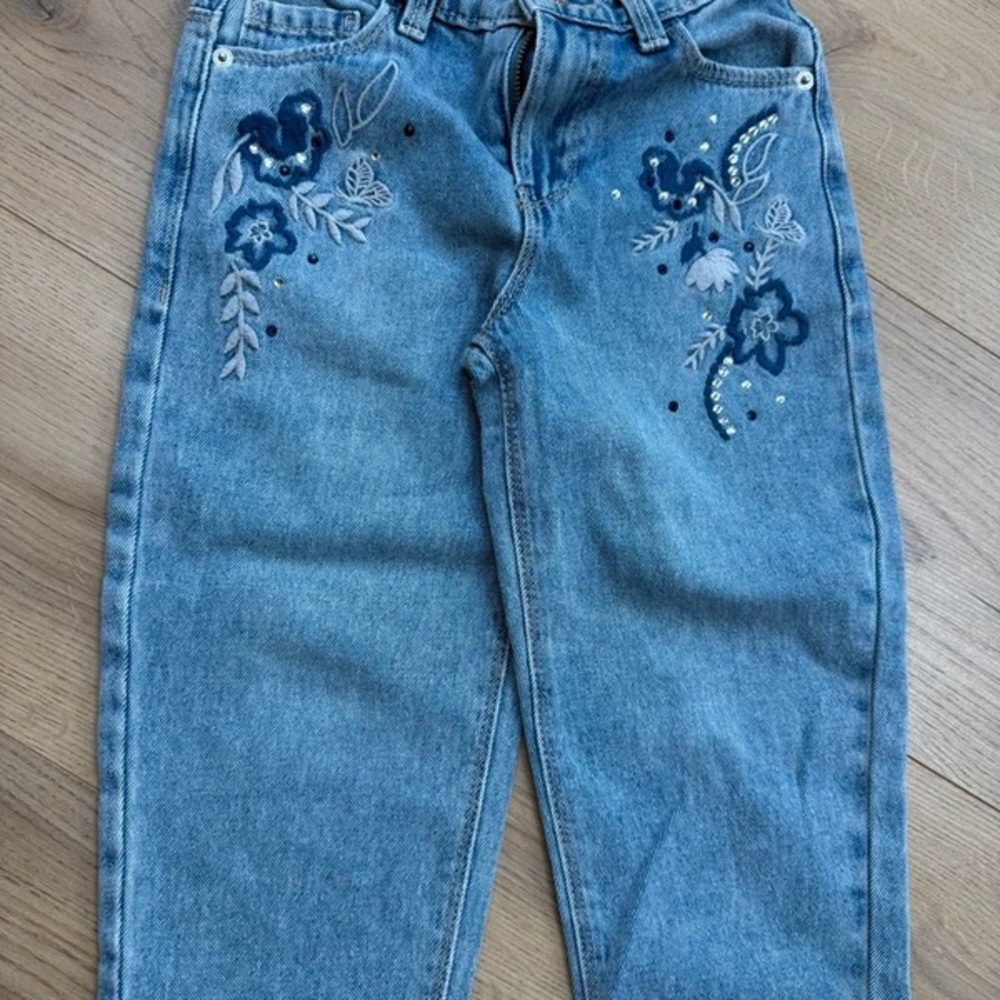 Blue Embroidered Straight Leg Jeans